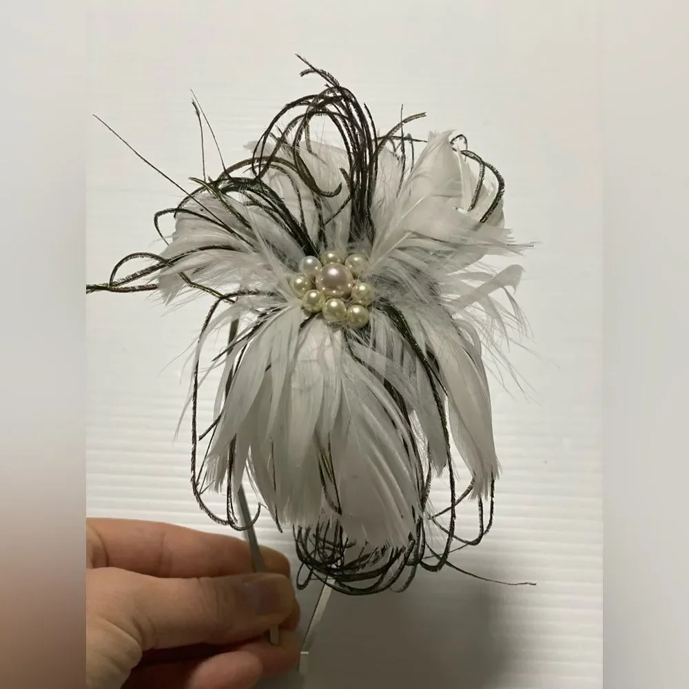 White Fascinator headband pearl feathers hair accessory wedding dance event